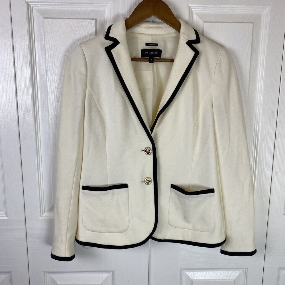 Talbots Aberdeen 2 Blazer Jacket White Gold button Black Trim Career knit